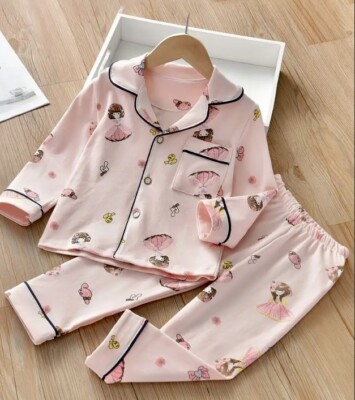 Pajama Set For Girls Soft Cotton Cartoon Print Lapel Top Long Sleeve Pants