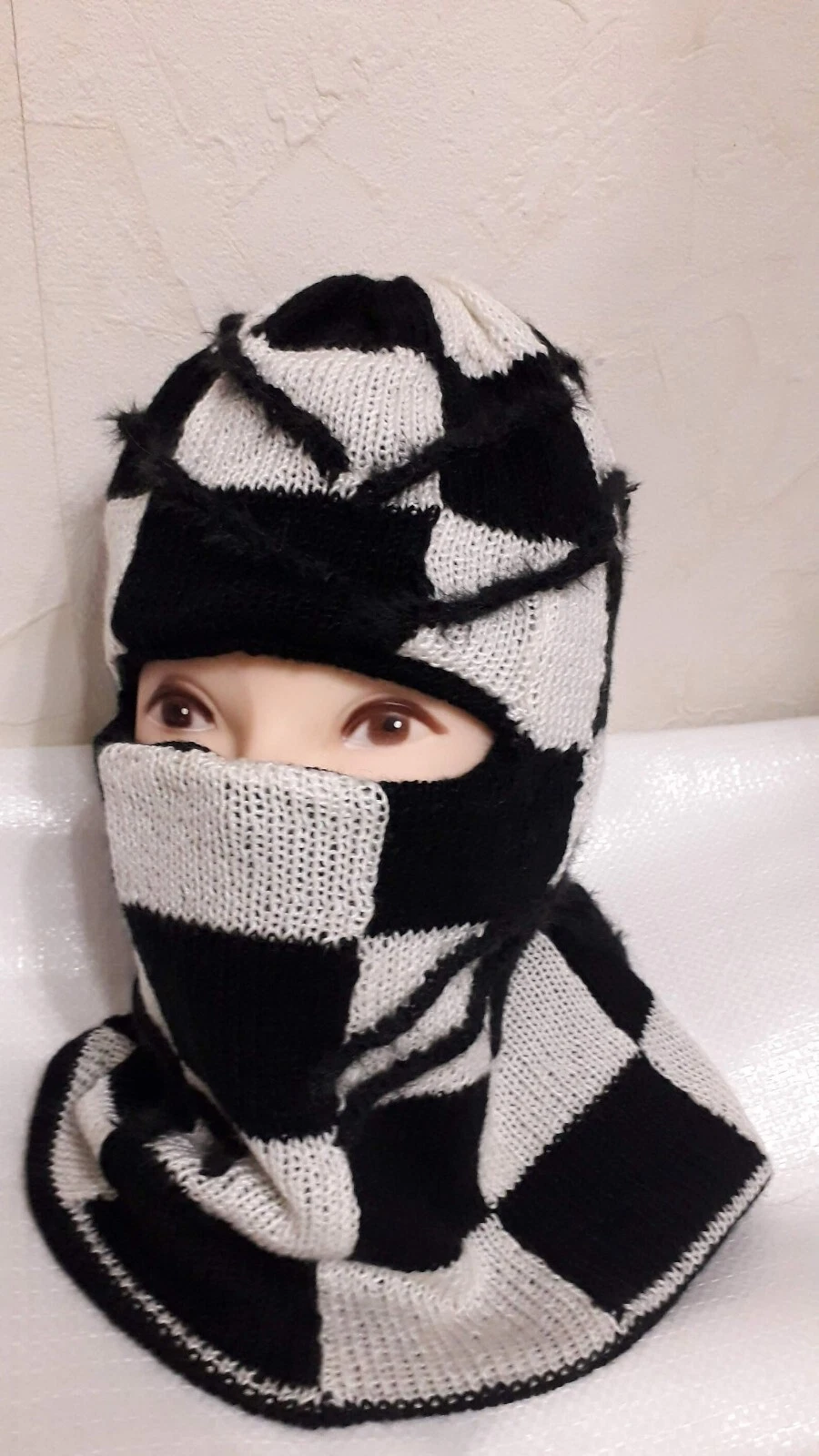 Reversible Spider Balaclava Black White Wool Ski Mask Hood Handmade