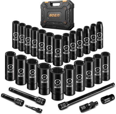 boen 29PCS 1/2  Drive Metric Socket Set, Impact Deep 8mm-32mm 
