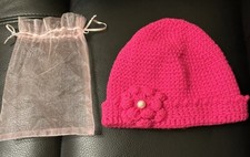 Brand New Baby Girls Hand Knitted Hat 12mths Bright Sparkly Pink Shimmer Wool