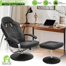 Reclinable Gaming Racing Chair Black Swivel Upholstered Computer Seat w/Ottoman