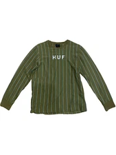 Huf Olive Green Striped Longsleeve Shirt Embroidered Logo Skate M Surf Cotton