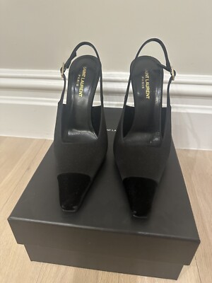 YSL Saint Laurent INES Slingback Pumps Satin Crepe Velvet Black 38