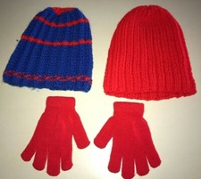 2 BOYS OR GIRLS KNIT WINTER HATS RED BLUE RED STRIPE GLOVES stretch ONE SIZE fit