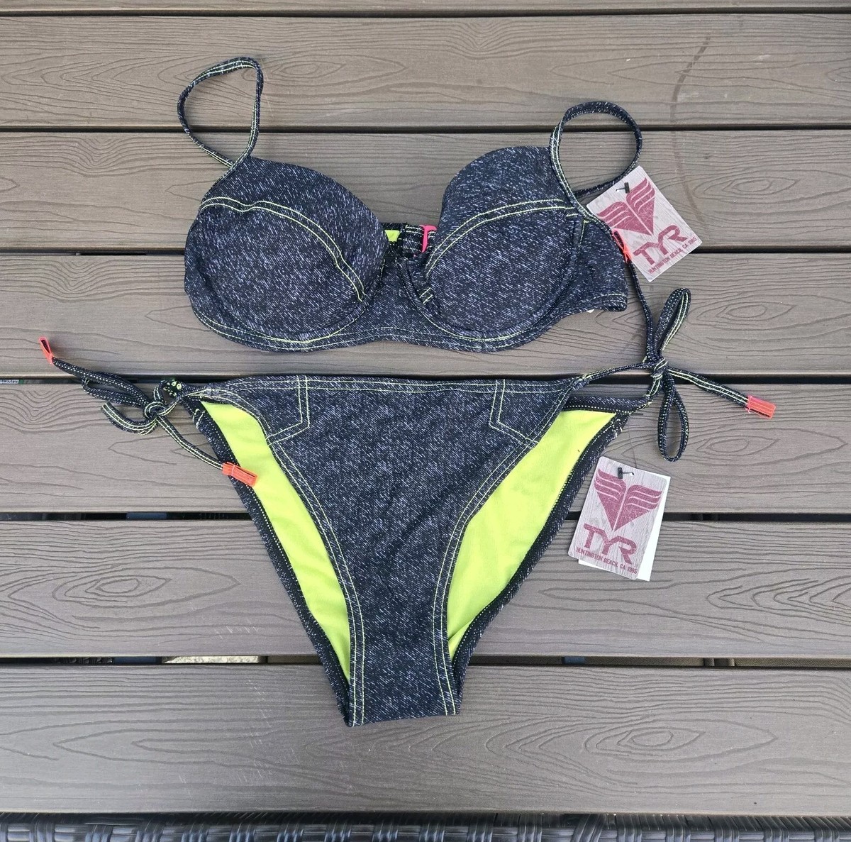 TYR Hot Shot Denim Underwire Bra Tie Bottom Bikini Set Black