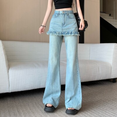 Women Flared Jeans Denim Pants Slim Trouser Skirt Sexy Tassels False Two Piece