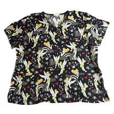 Disney Tinker Bell Scrub Top Womens Size 2XL Black Short Sleeve Work Shirt