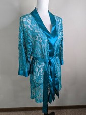 vintage 80s blue Green Teal Satin lace mini lingerie robe One Size D1S