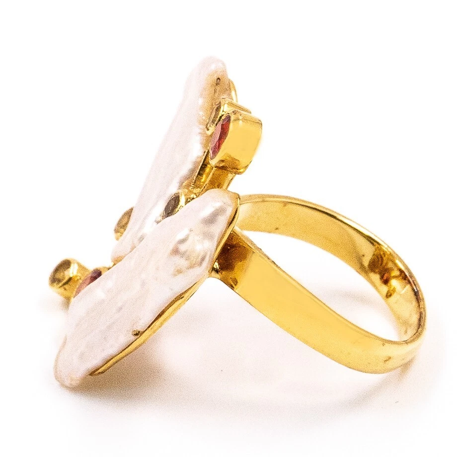 Anillo de perlas de zafiro rojo y amarillo natural de 0,84 quilates astilla 925 enchapado en oro talla 6 Foto 2 de 4