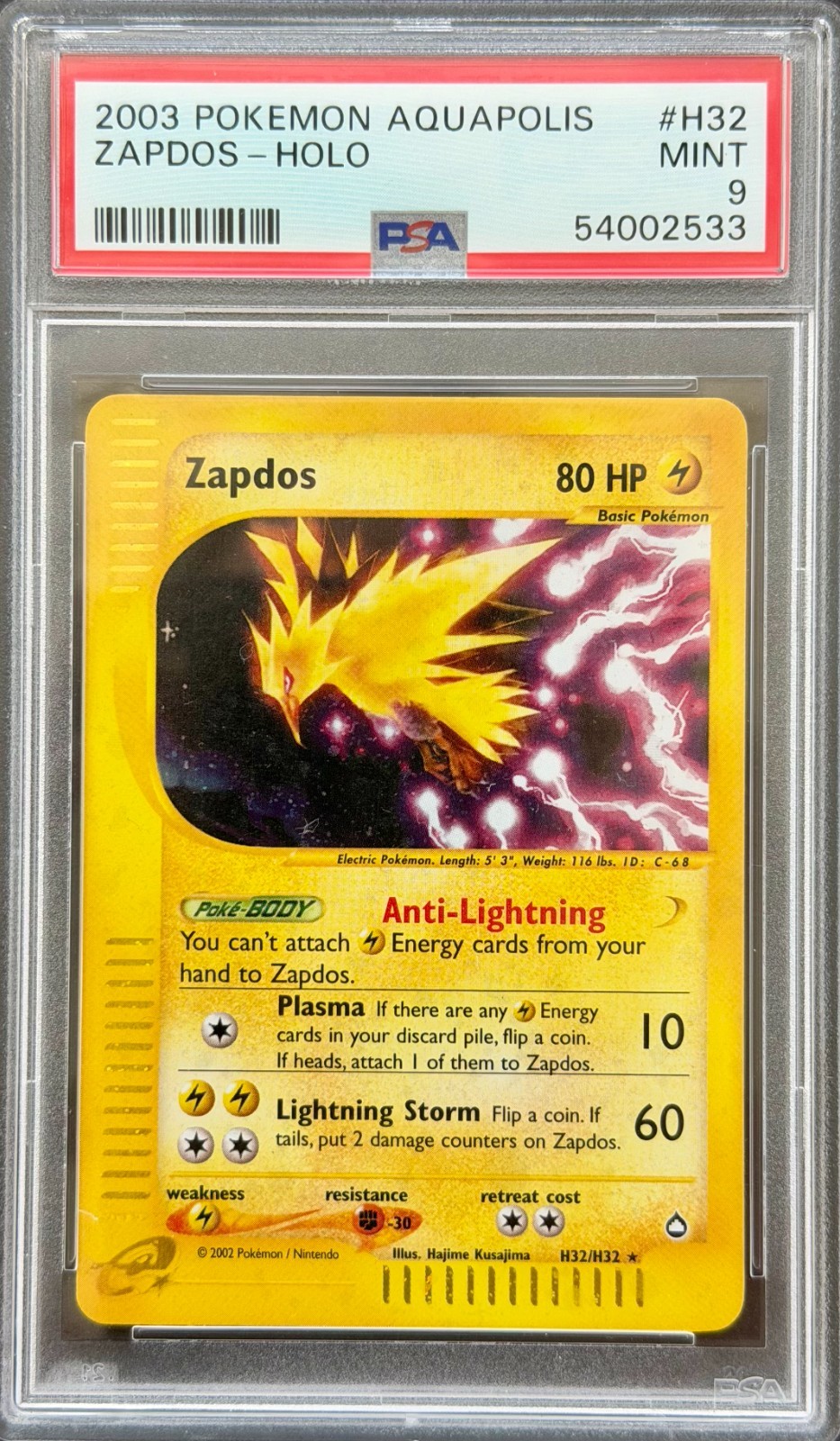 Pokemon Zapdos H32/H32 - PSA 9 MINT - Aquapolis Holo Vintage Rare!