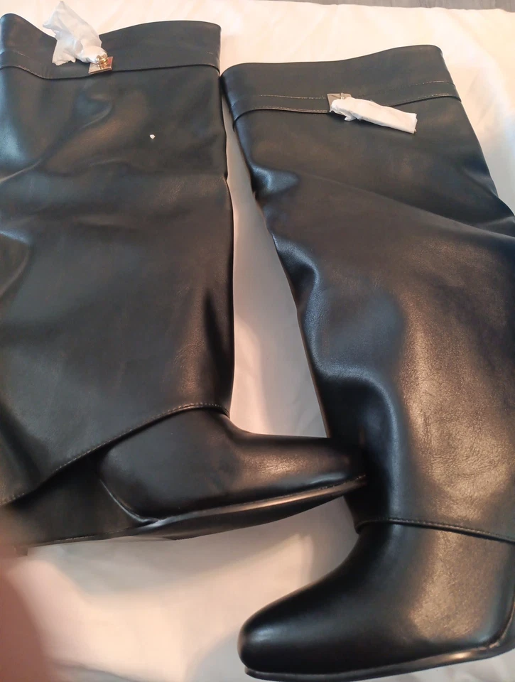 Botas Vivianly hasta la rodilla pantorrilla ancha punta plegable botas negras talla 10 Foto 2 de 4