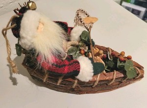 Santa Claus Fishing Boat Christmas Tree Rustic Bark Boat Ornament Or Figurine