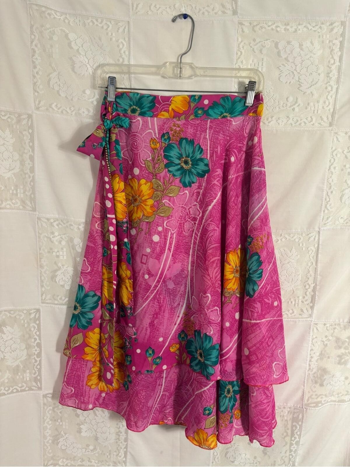 NWT 100% Silk Pink Floral Romantic Feminine Tropical Wrap Skirt One Size