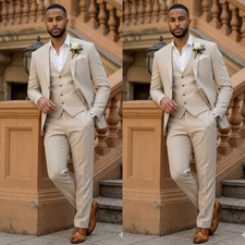 100 Linen Men's Suit Peak Lapel Wedding Tuxedo Jacket Groom Prom Khaki 3Pcs