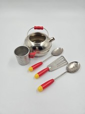 Vintage Child's Aluminum Toy Kitchen Set Red Yellow Handles Tea Kettle 5 Pc