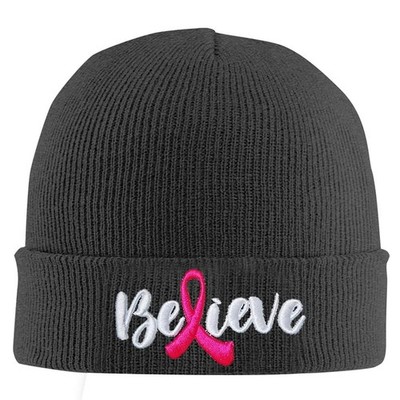 Pink Ribbon Believe Acrylic Skull Knit Cuff Hat for Women, Breast Cancer Awar...