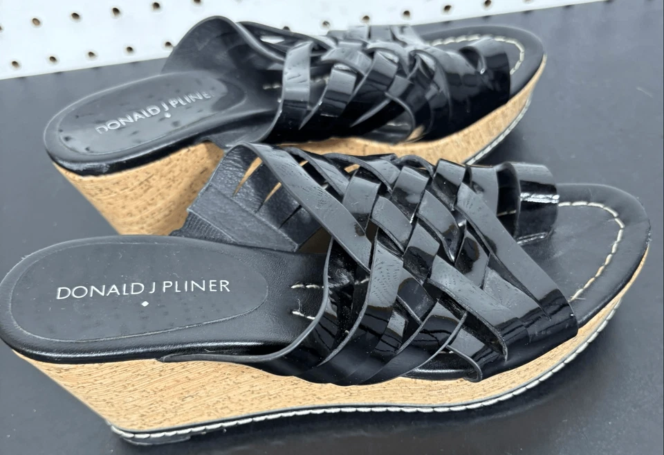 DONALD PLINER Flore Negro Charol Cruzado Punta Abierta Corcho Cuña Talla 6.5 Foto 2 de 4