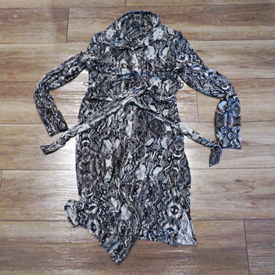 Women's Black/White Snake Print Collared Wrap Dress Tie Belt Long Sleeve M
