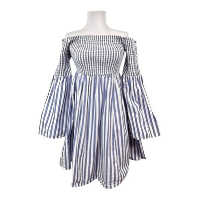Torrid Smocked Skater Dress Blue White Striped Off Shoulder Size 12 Large Cotton