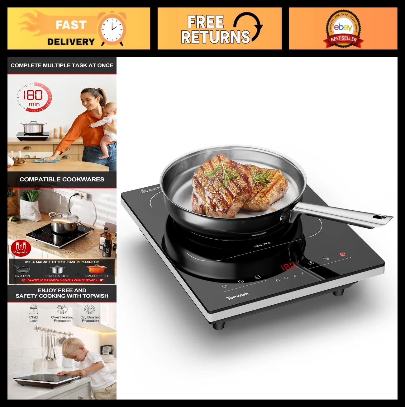 Portable Induction Cooktop Hot Plate Burner - 10 Temp Levels, Timer, Auto Shut-O
