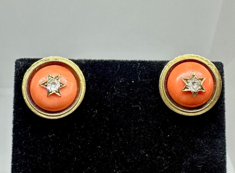 Victorian Coral Old Mine Cut Diamond Earrings 14K Gold Antique Star Motif 1860