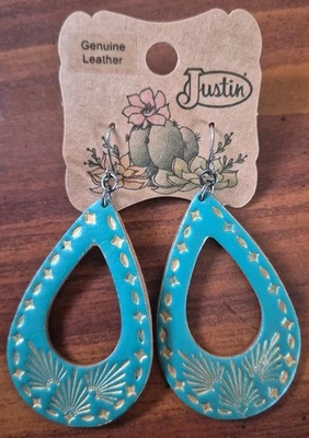 Justin Earrings Tooled Leather Turquoise Teardrop Gold Genuine Leather NEW - Image 1 of 4