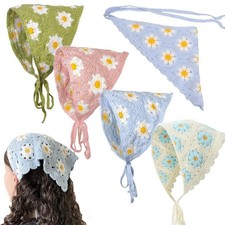 Pink Green Crochet Knitted Floral Daisy Headband Bandana Hair Accessories