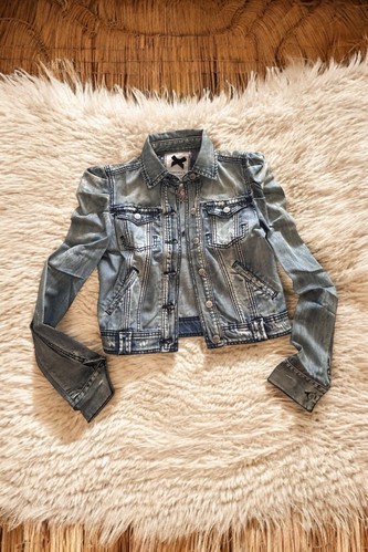Silvian Heach Blue Denim Jacket Distressed Crystals Logo Puff Shoulder Cropped M