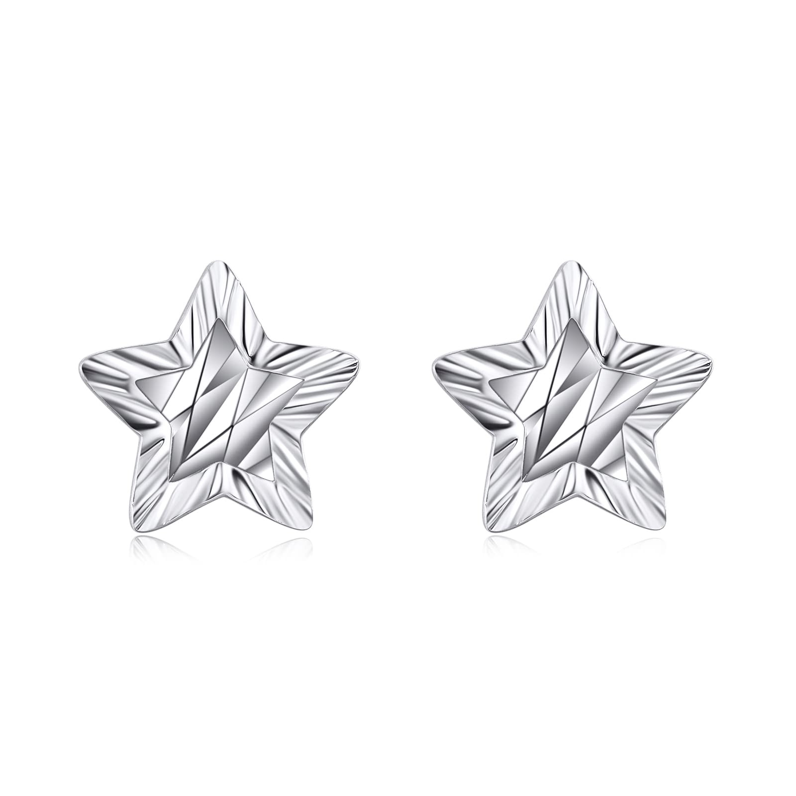 Sterling Silver Diamond-Cut Star Stud Earrings for Women - Perfect Gift for Her-image