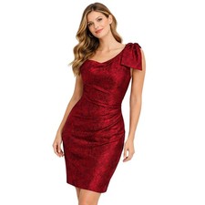 Chic Red Rose Jacquard Cocktail Dress One Shoulder Bow Detail Ruched Size S