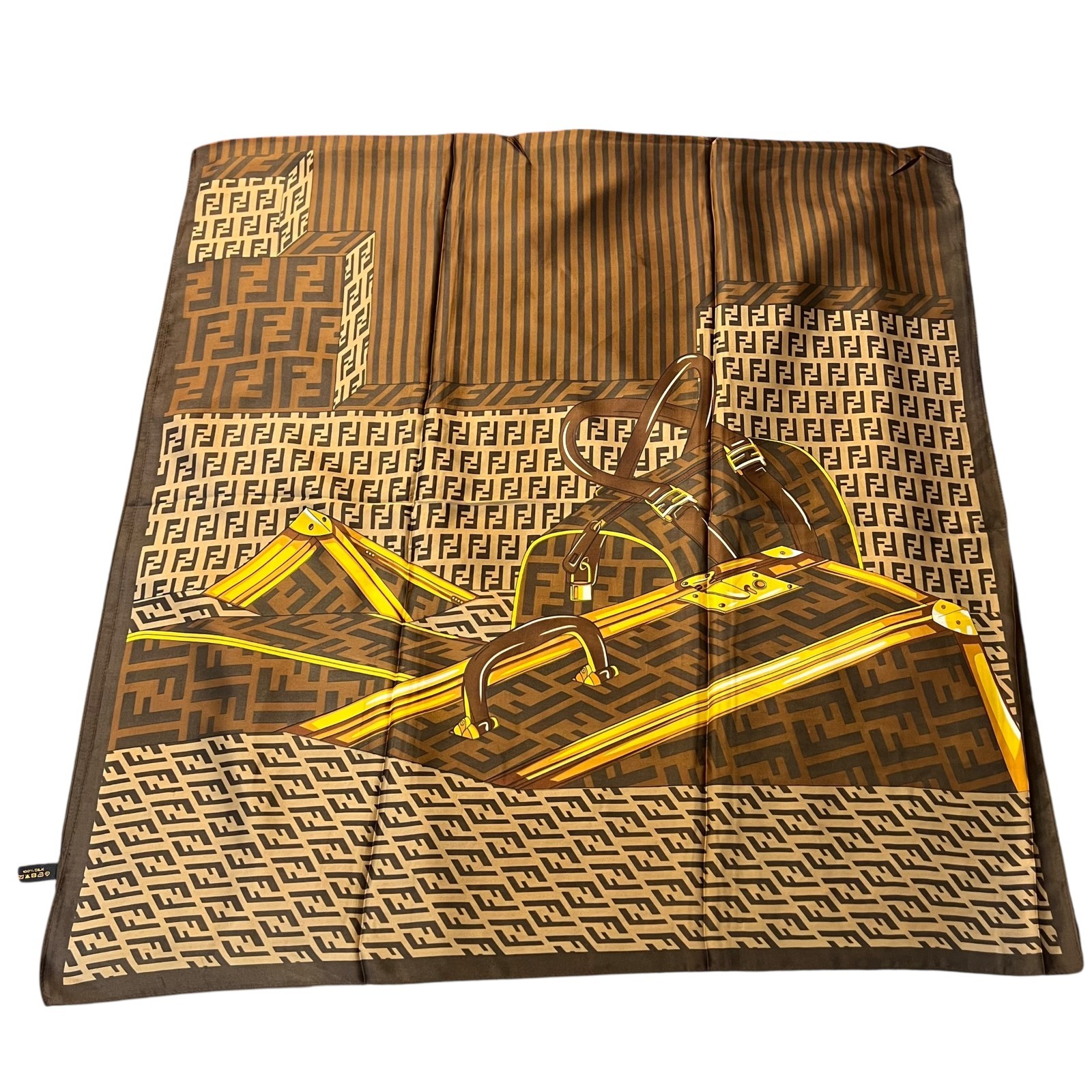 Fendi FF Monogram Silk Scarf Vintage Luggage Print Brown Gold Made in Italy Auth thumbnail 12