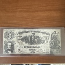 1861 T-37 $5 The Confederate States of America Note - CIVIL WAR Era