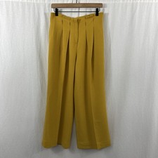 Oscar De La Renta Wool Silk Blend Wide Leg Pleated Yellow Pants Size 4 Boho