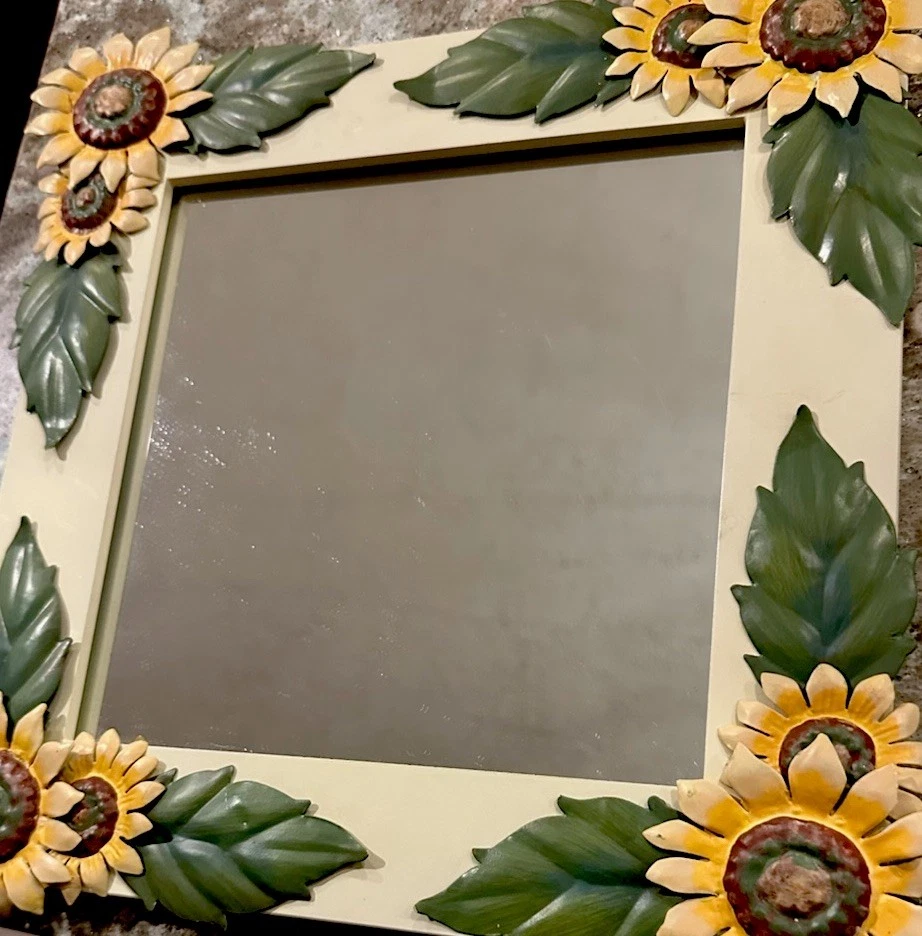 "Espejo de madera de girasol para colgar marco de madera flores de metal 12""x12""" Foto 3 de 4
