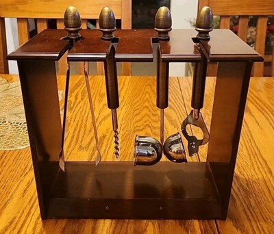 Vintage Bombay Company Cocktail Set 5 Pc Hanging 1994 Bar Solid Tools Metal Wood