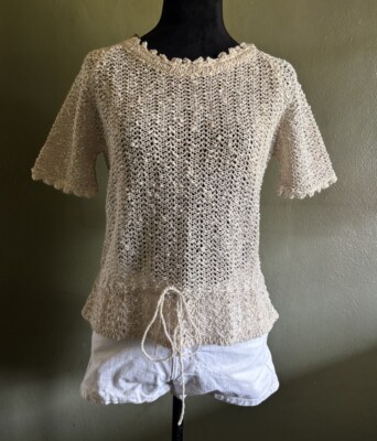 70s BOHO Irish Linen Waist Tied Open Knit Top.Medium.NWT