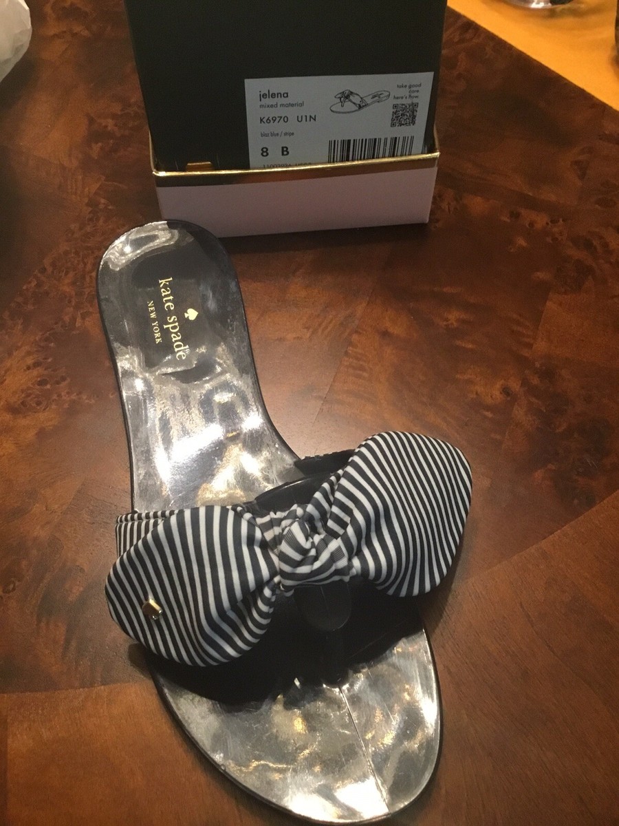KATE SPADE Jelena Navy White Stripe Bow Flat Sandals New In 