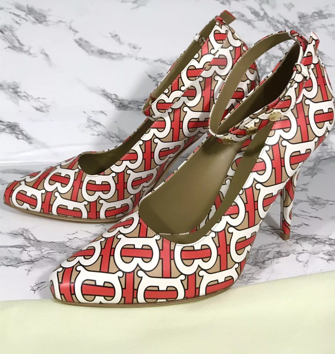 NWT BURBERRY Monogram Print Logo Ankle Strap Leather 105mm Pump