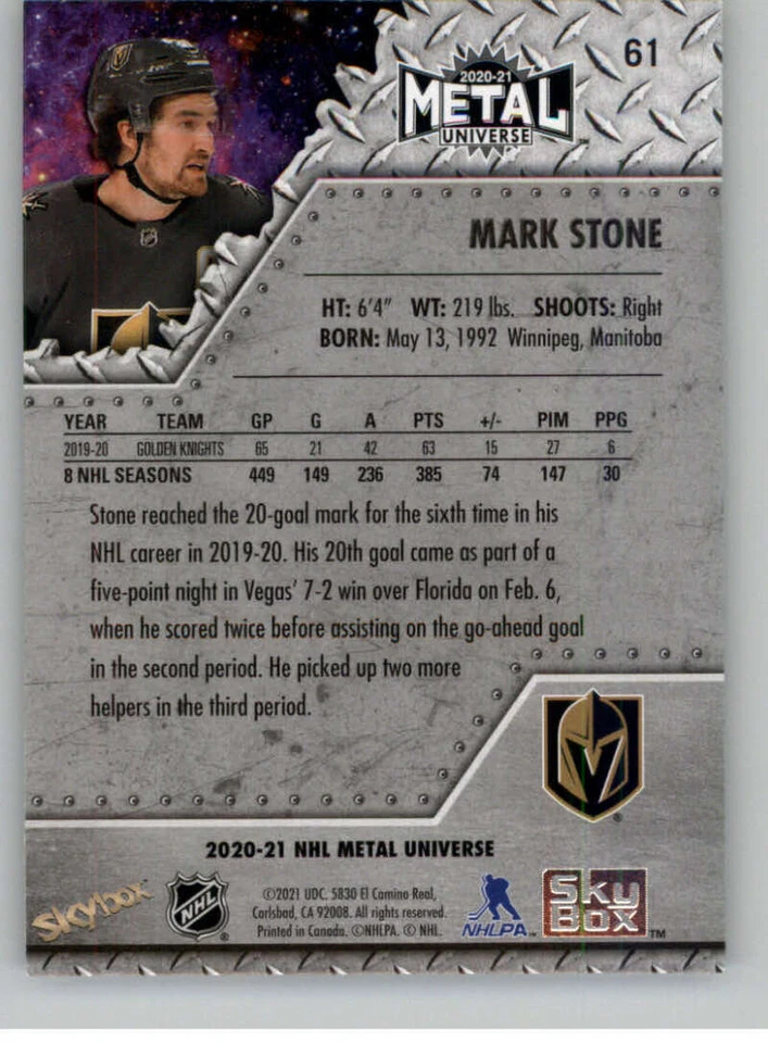 2020-21 Skybox Metal Universe #61 Mark Stone Vegas Golden Knights V86321 - Image 2 of 2