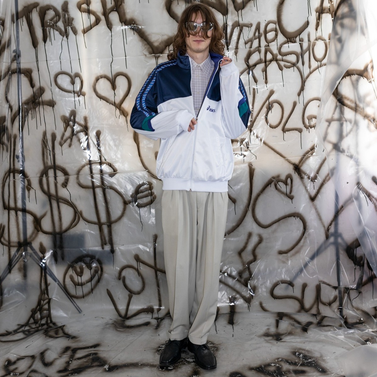 90's Vintage Asics cool rave/track jacket in navy and white 90's Vintage Asics cool rave/track jacket in navy and white