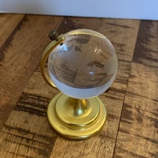 Vintage Glass Clear Etched Globe with Brass Stand Small Paperweight