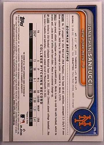 Jonathan Santucci -2024 Bowman Draft Chrome Prospect Auto #CPA-JS Green Lava /99 - Picture 3 of 3