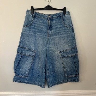 Bershka Men s Vintage Y2K Blue Jean Cargo Baggy Skater Style Shorts 38 Medium