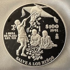 1991 Mexico 100 Pesos 1 Oz Silver Proof - Salve A Los Ninos