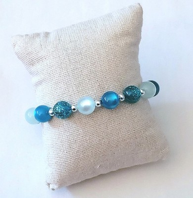 Sylvie's Polaris Glamour Perlen Armband  18 cm Blau Weiß Silber Handmade /1641