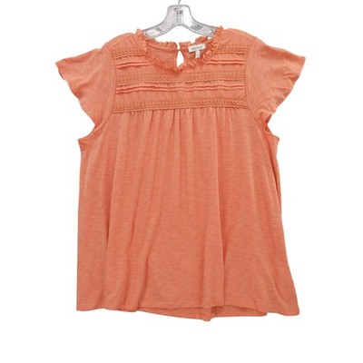Ella Moss Ruffle Neck Top Crochet Trim Flutter Sleeve Blouse Coral Size L