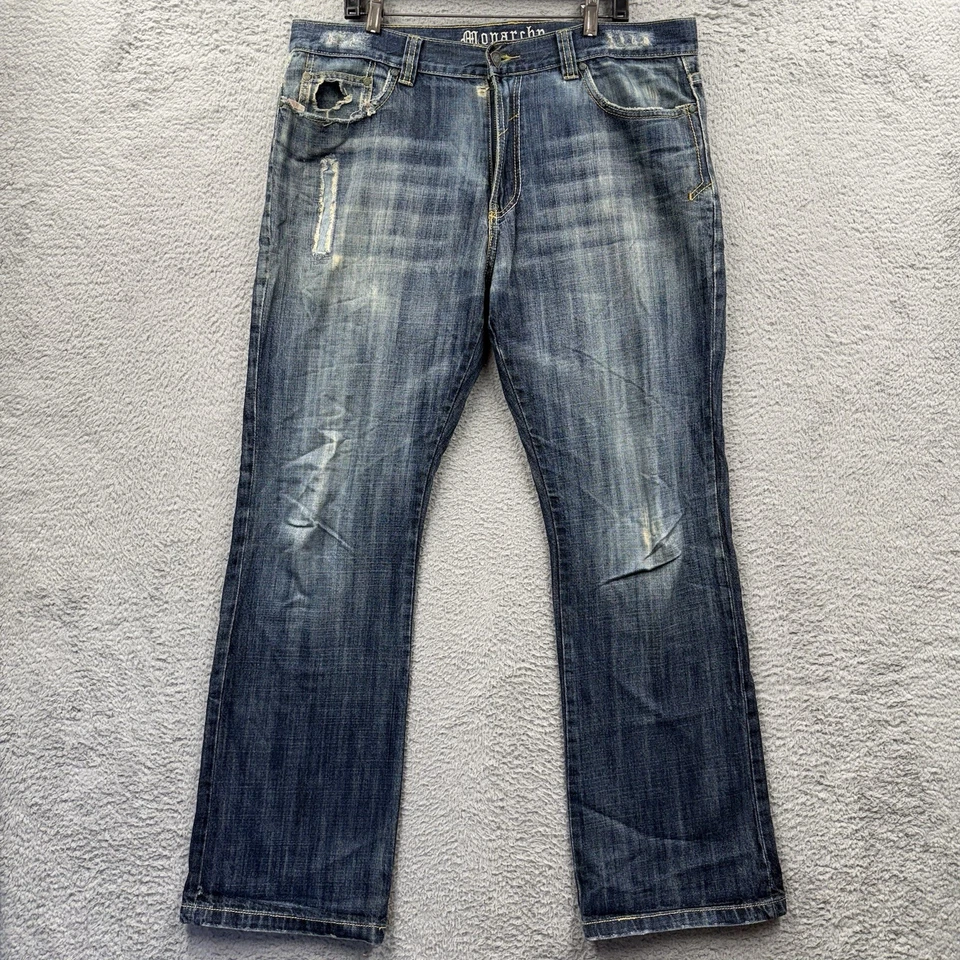 复古 Monarchy Atalier 牛仔裤海军蓝男式 36x34 Y2K 宽松深色 — 第 2/4 张图片
