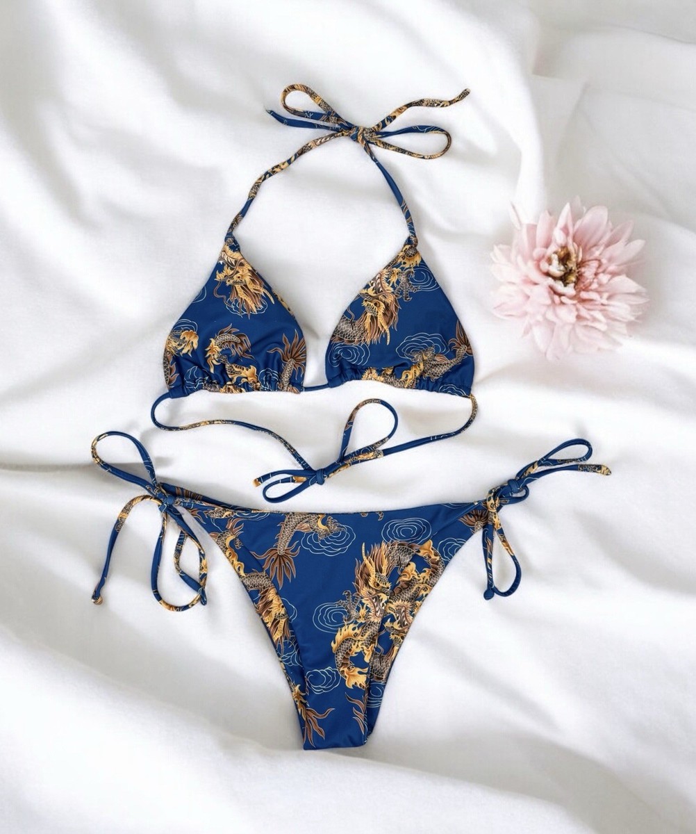 Blue Chinese Dragon Print Two Piece Bikini Swimsuit Set Y2K Style