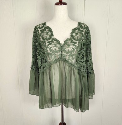 Cato Sheer Peplum Tiered Floral Blouse Top Size XL Olive Green V-Neck Bell NWT
