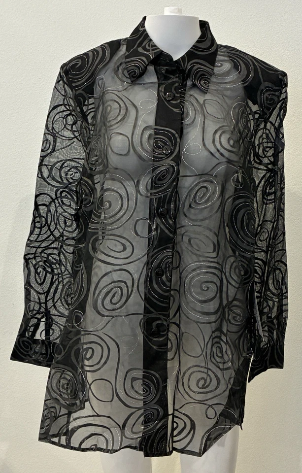 Blusa De Colección Diane Gilman 100% Seda Transparente Talla M Negra y Plateada Remolino Delicada Foto 2 de 4